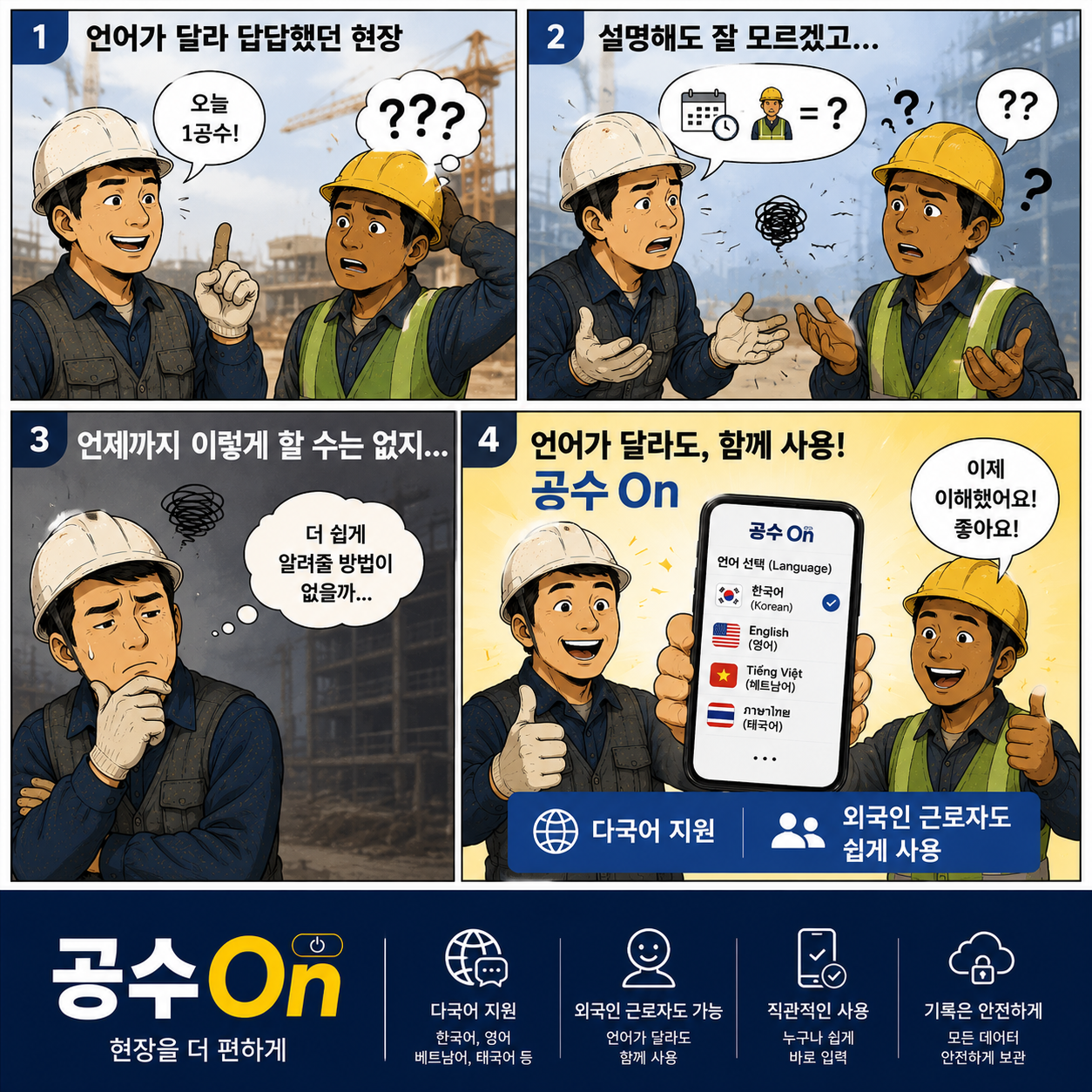 외국인 근로자를 위한 다국어 지원 건설현장 출근부 및 공수계산기앱 웹툰